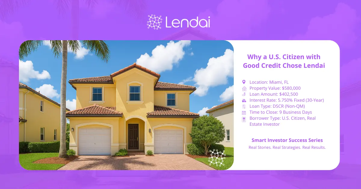 Property image of the financed loan and loan snapshot- Location: Miami, FL Property Value: $580,000 Loan Amount: $402,500 Interest Rate: 5.750% Fixed (30-Year) Loan Type: DSCR (Non-QM) Time to Close: 9 Business Days Borrower Type: U.S. Citizen, Real Estate Investor